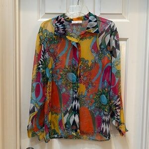Vintage Sheer Long-Sleeve Button-Down Blouse in Multi-Color Print